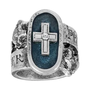 Symbols Of Faith Blue Enamel Cross & Crystal "Protect Us Holy Mother" Ring 1928 Jewelry