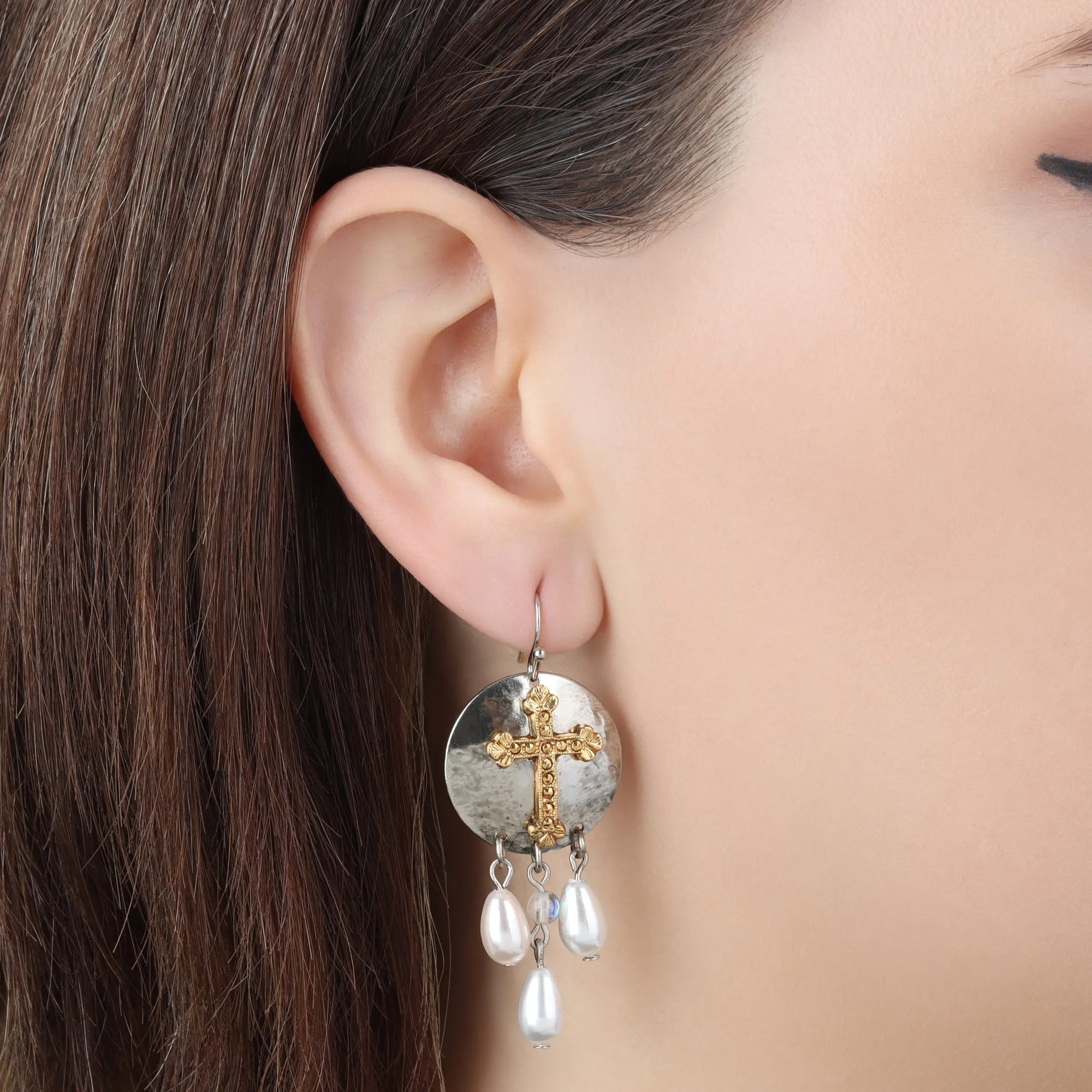 Symbols of Faith Hammered Drops And Cross Faux Pearl Dangling Earrings 1928 Jewelry