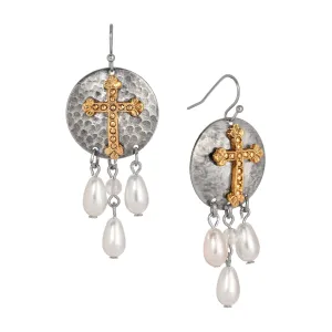 Symbols of Faith Hammered Drops And Cross Faux Pearl Dangling Earrings 1928 Jewelry