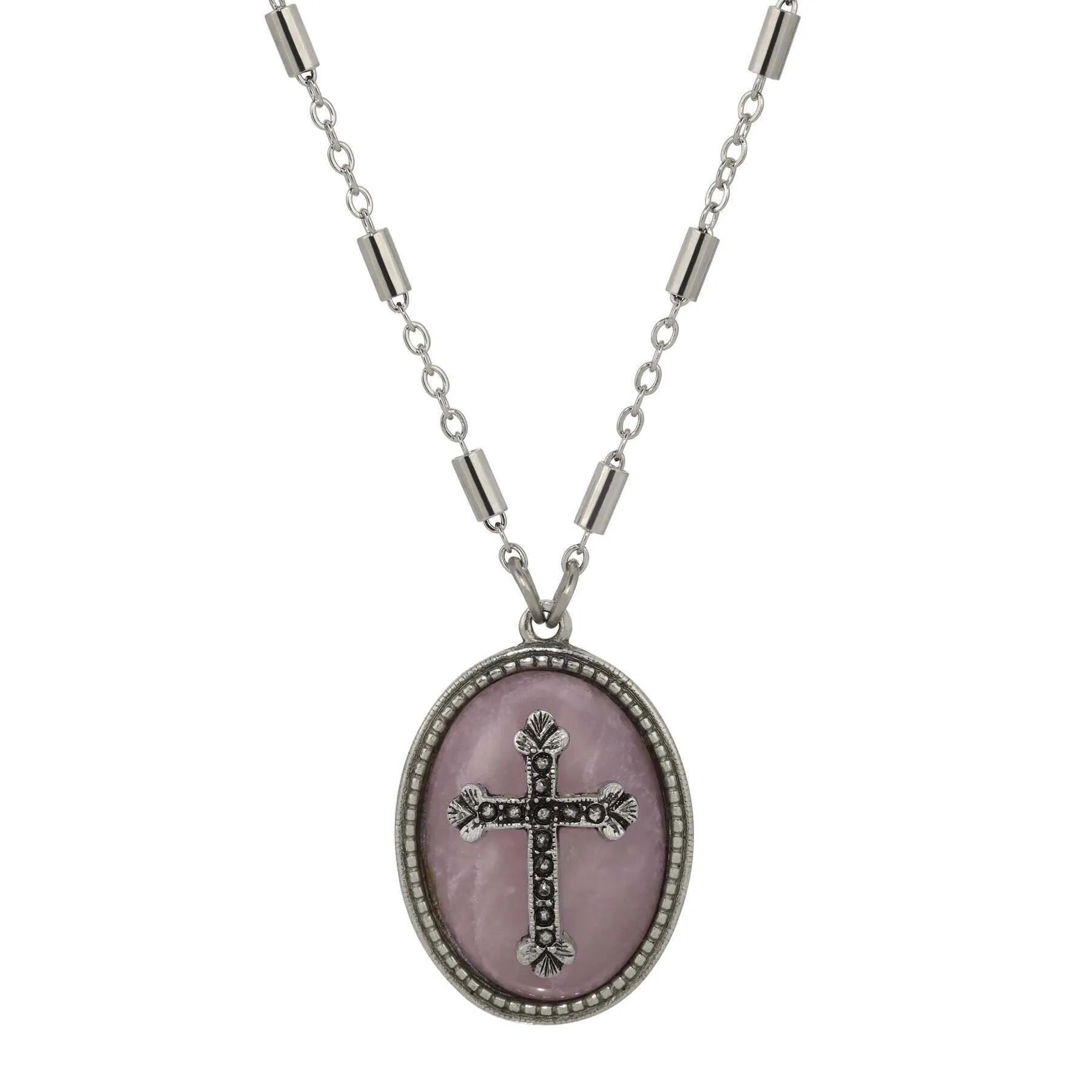 Symbols Of Faith Oval Gemstone & Budded Cross Pendant Necklace 18" 1928 Jewelry
