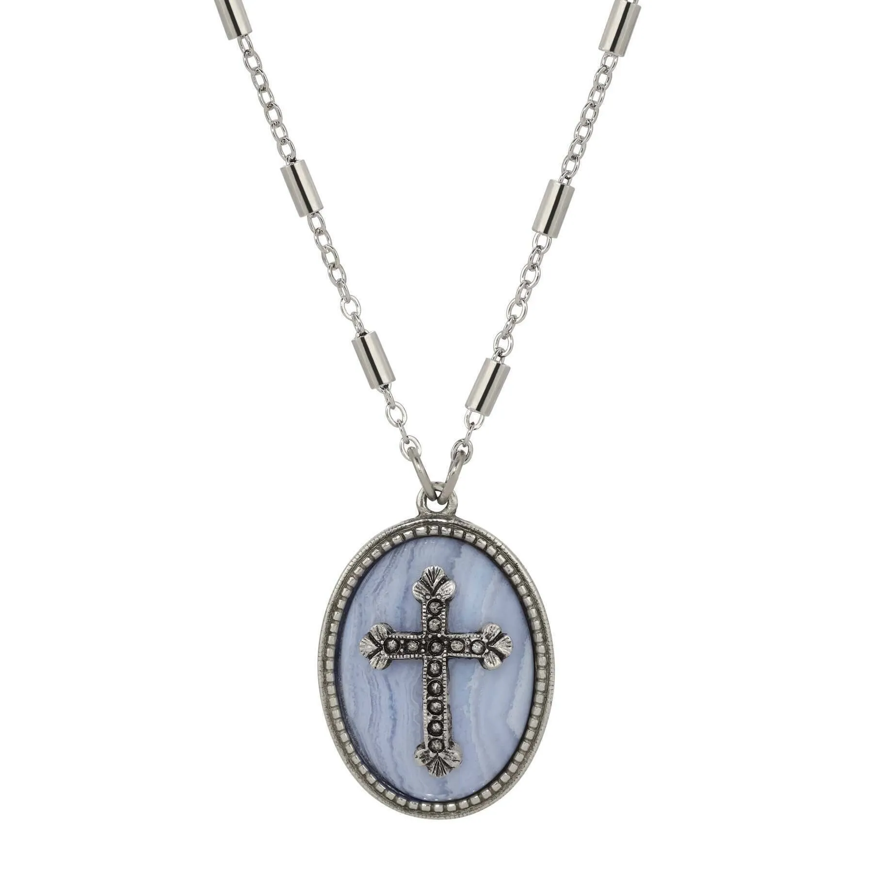 Symbols Of Faith Oval Gemstone & Budded Cross Pendant Necklace 18" 1928 Jewelry