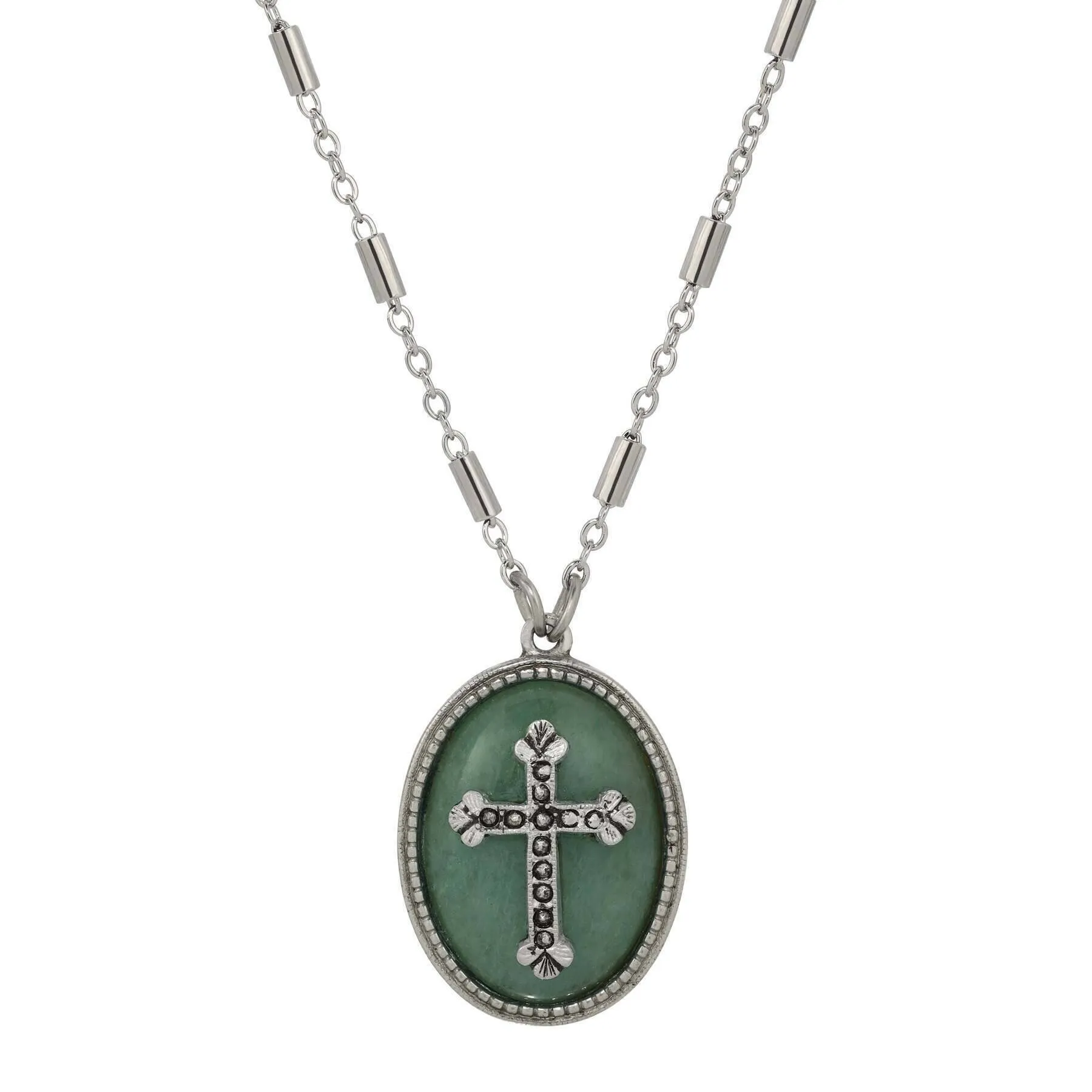 Symbols Of Faith Oval Gemstone & Budded Cross Pendant Necklace 18" 1928 Jewelry