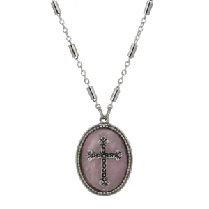 Symbols Of Faith Oval Gemstone & Budded Cross Pendant Necklace 18" 1928 Jewelry